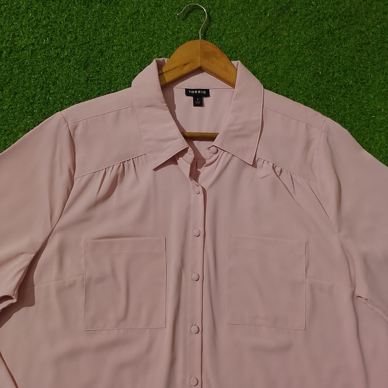 Blush Pink Baggy Chiffon Shirt - Collar & Pocket Detail