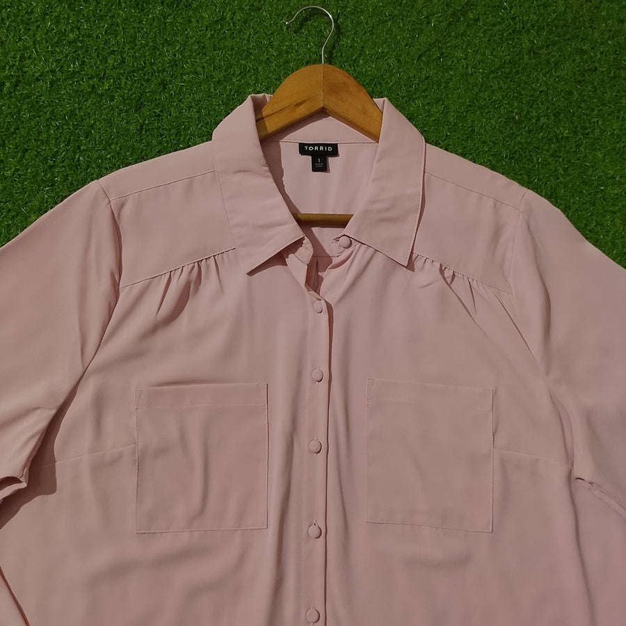 Blush Pink Baggy Chiffon Shirt - Collar & Pocket Detail