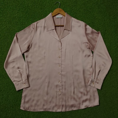 Dusty Pink Satin Button-Down Silk Shirt - Full View