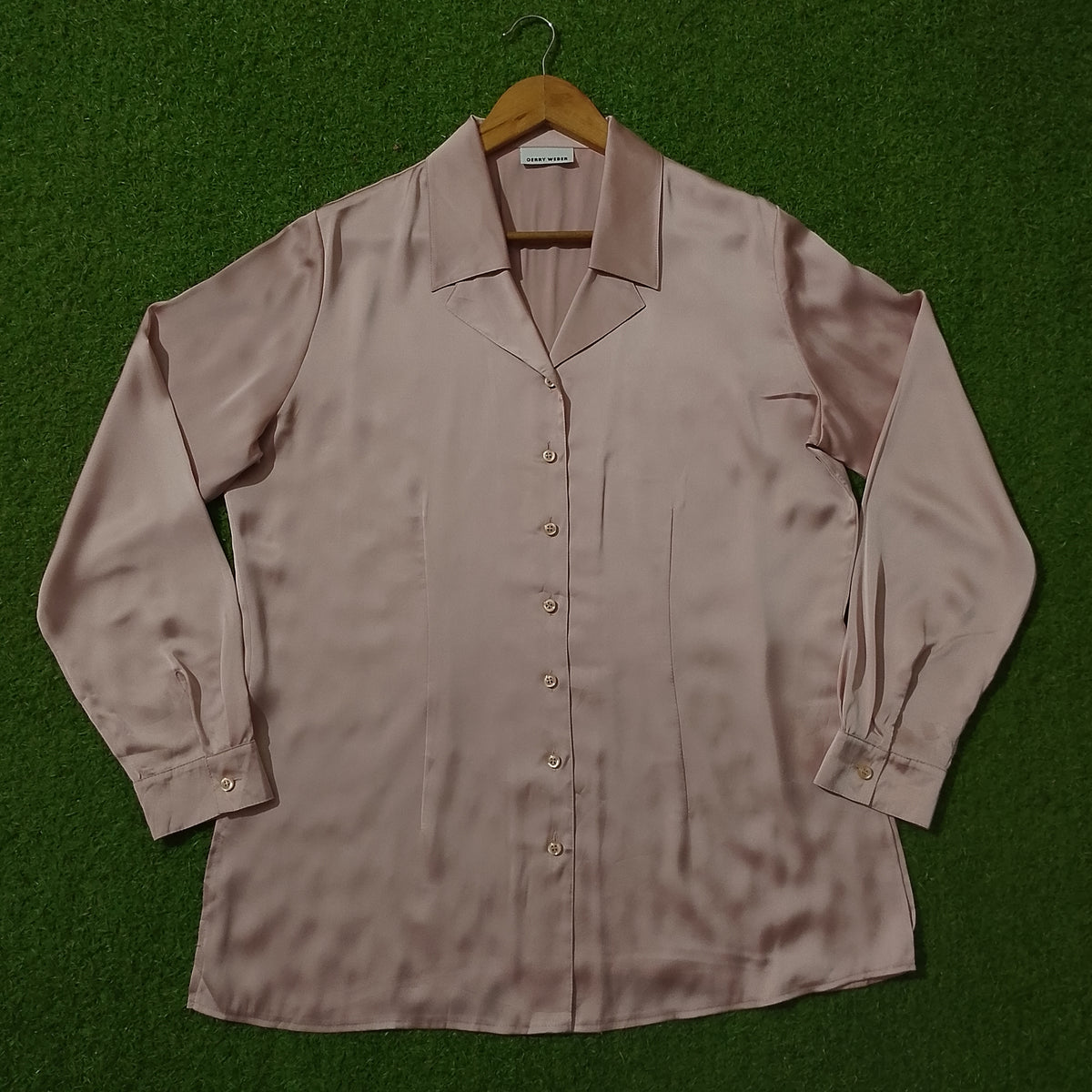 Dusty Pink Satin Button-Down Silk Shirt - Full View