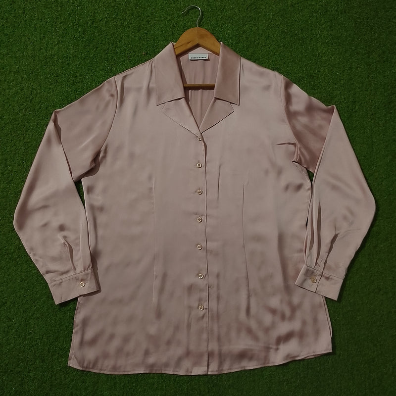 Dusty Pink Satin Button-Down Silk Shirt - Full View