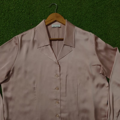 Dusty Pink Satin Button-Down Silk Shirt - Detail View - alternate view