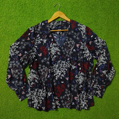 Navy Blue Floral Butterfly Print V-Neck Shirt - Full View - alternate view