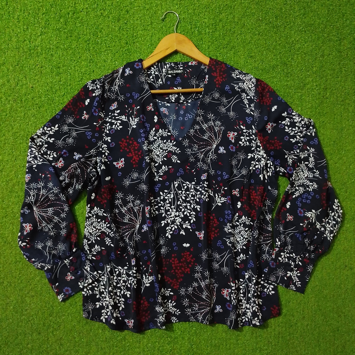 Navy Blue Floral Butterfly Print V-Neck Shirt - Full View