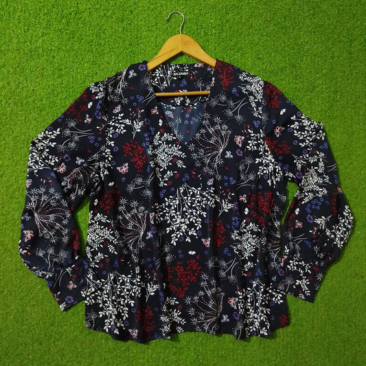 Navy Blue Floral Butterfly Print V-Neck Shirt - Full View - alternate view