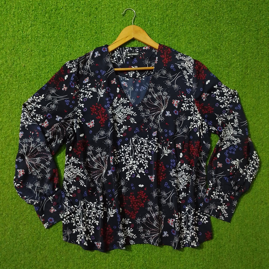 Navy Blue Floral Butterfly Print V-Neck Shirt - Full View - alternate view