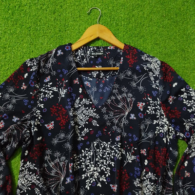 Navy Blue Floral Butterfly Print V-Neck Shirt - Front Detail