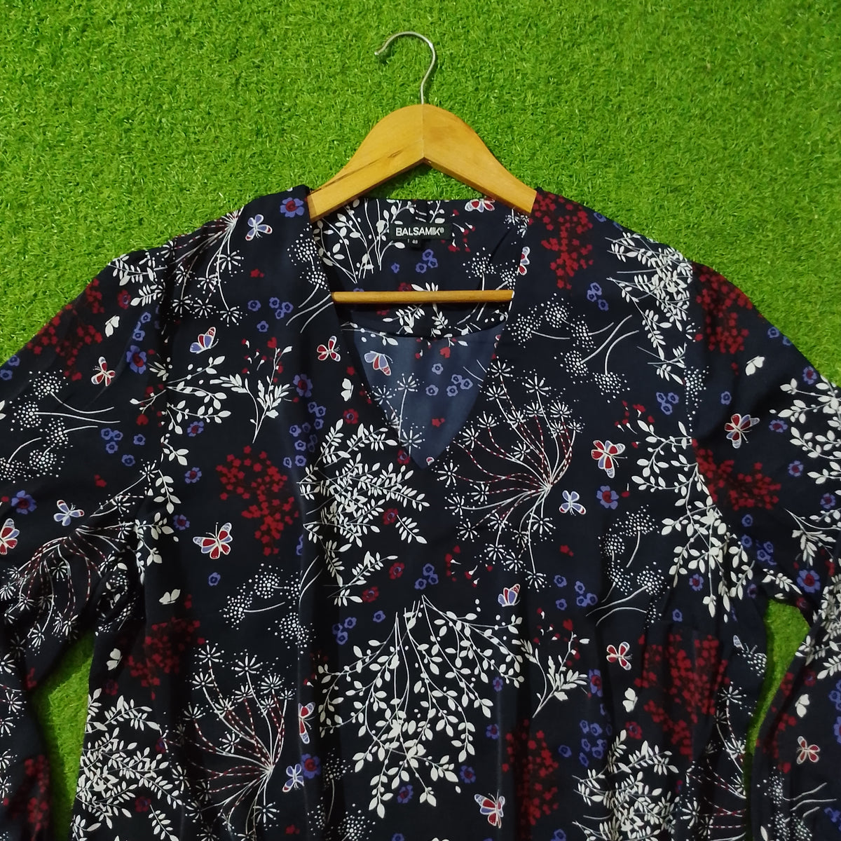 Navy Blue Floral Butterfly Print V-Neck Shirt - Front Detail