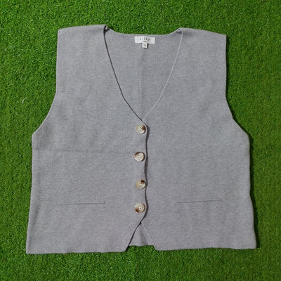 Grey V-neck button-up knit vest - full view