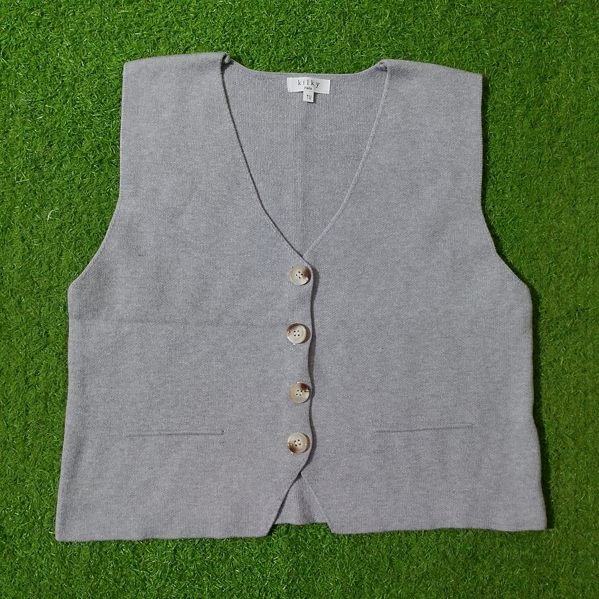 Grey V-neck button-up knit vest - full view