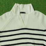White black stripe open V-neck ribbed knit blouse - collar detail