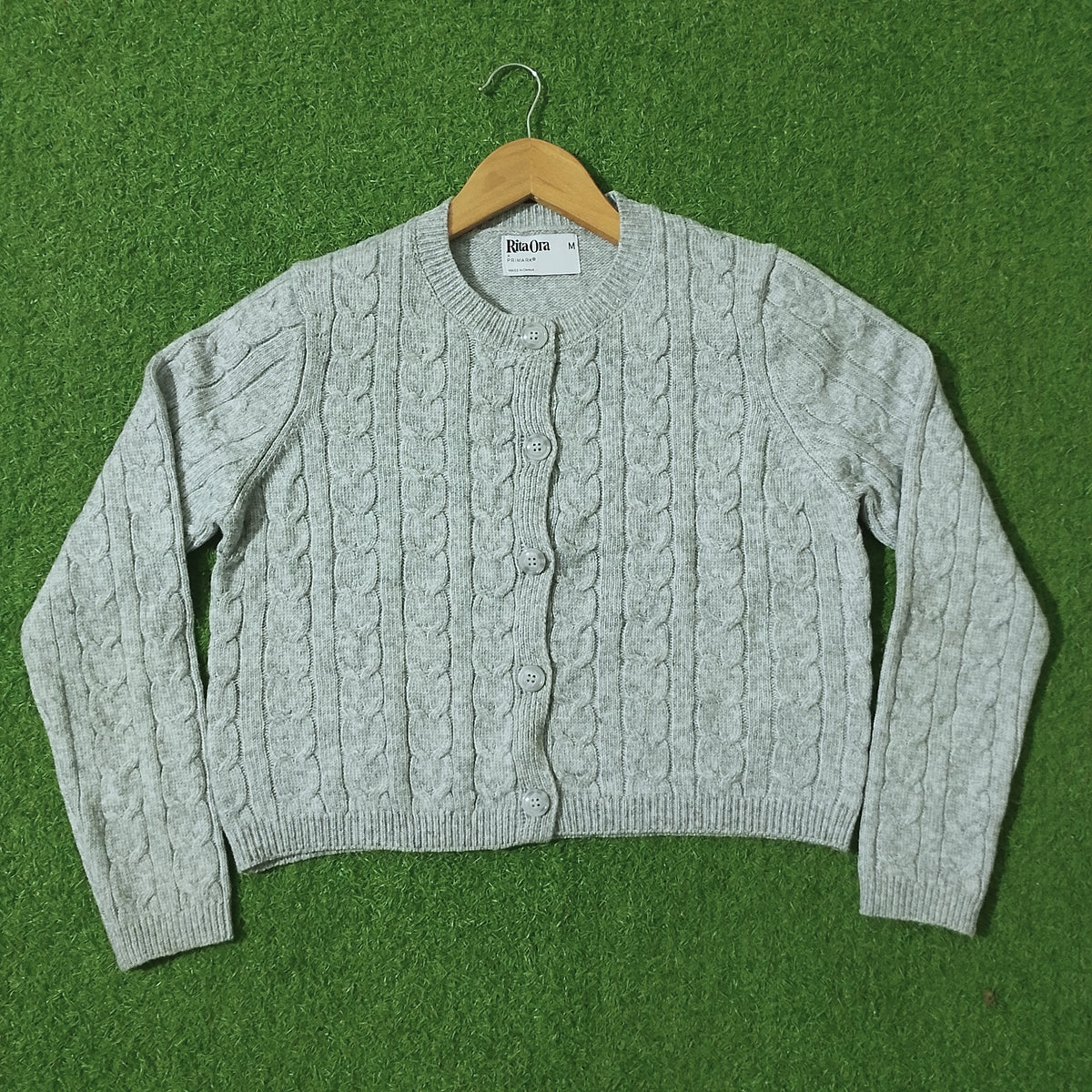 Grey cable knit crop cardigan - front view