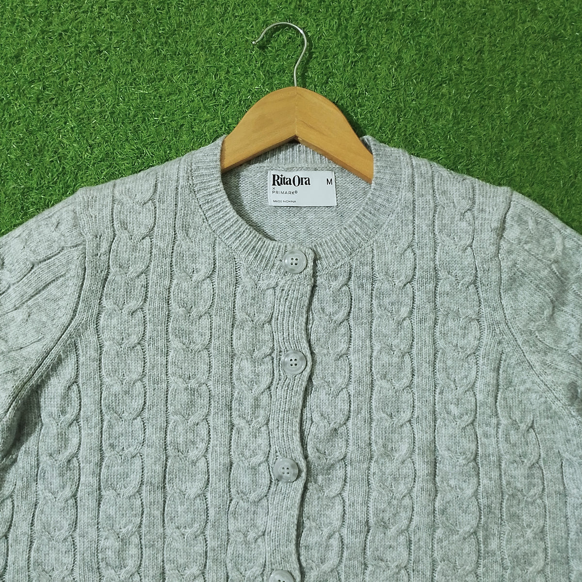 Grey cable knit crop cardigan - neckline detail
