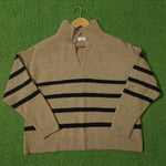 Camel and black striped drop shoulder knit sweater - front view