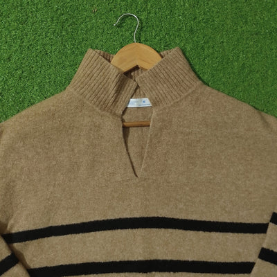 Camel and black striped drop shoulder knit sweater - neck detail - alternate view