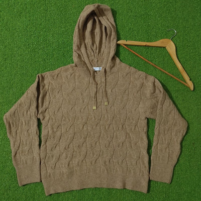 Camel cable knit hooded pullover sweater - front view