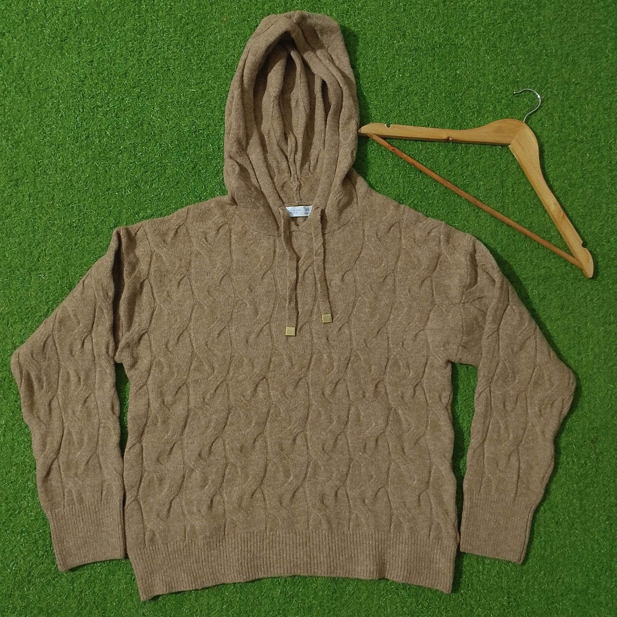 Camel cable knit hooded pullover sweater - front view