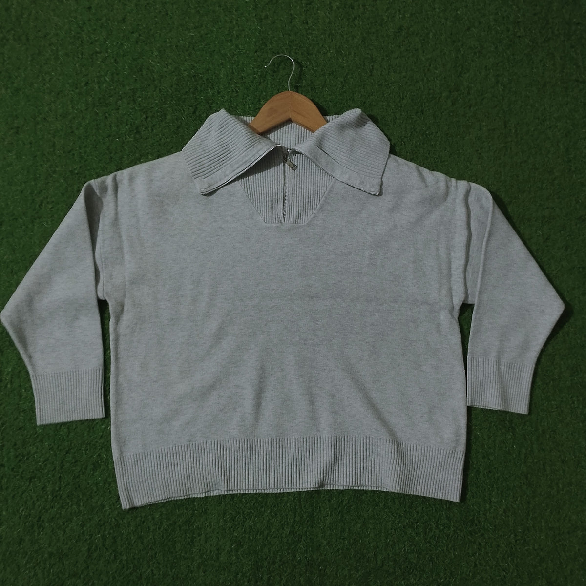 Grey half-zip polo collar knit blouse - front view