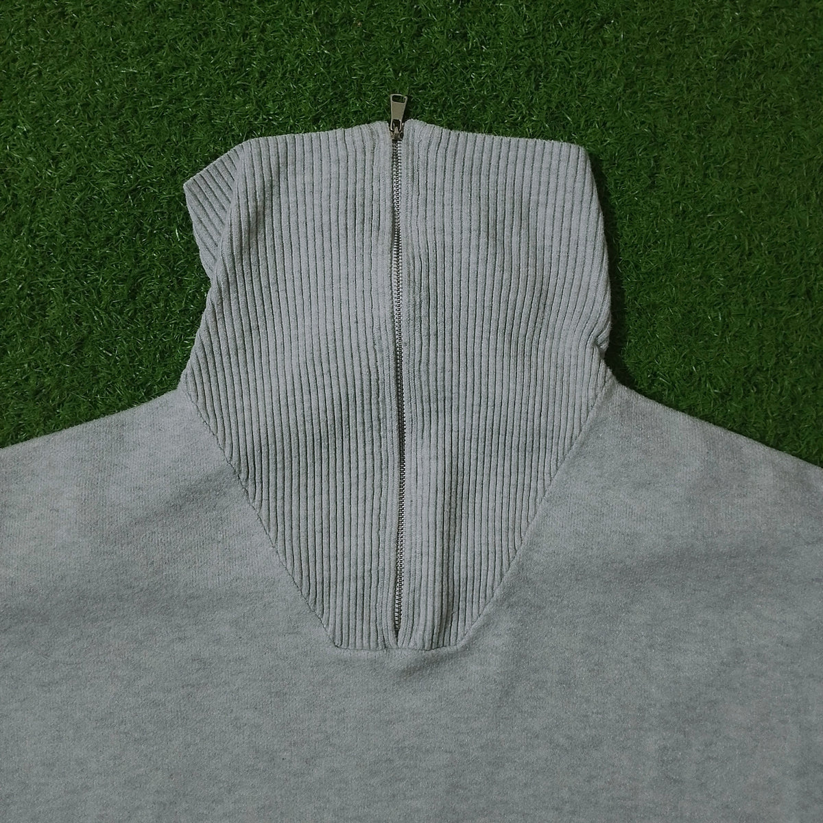 Grey half-zip polo collar knit blouse - collar close up