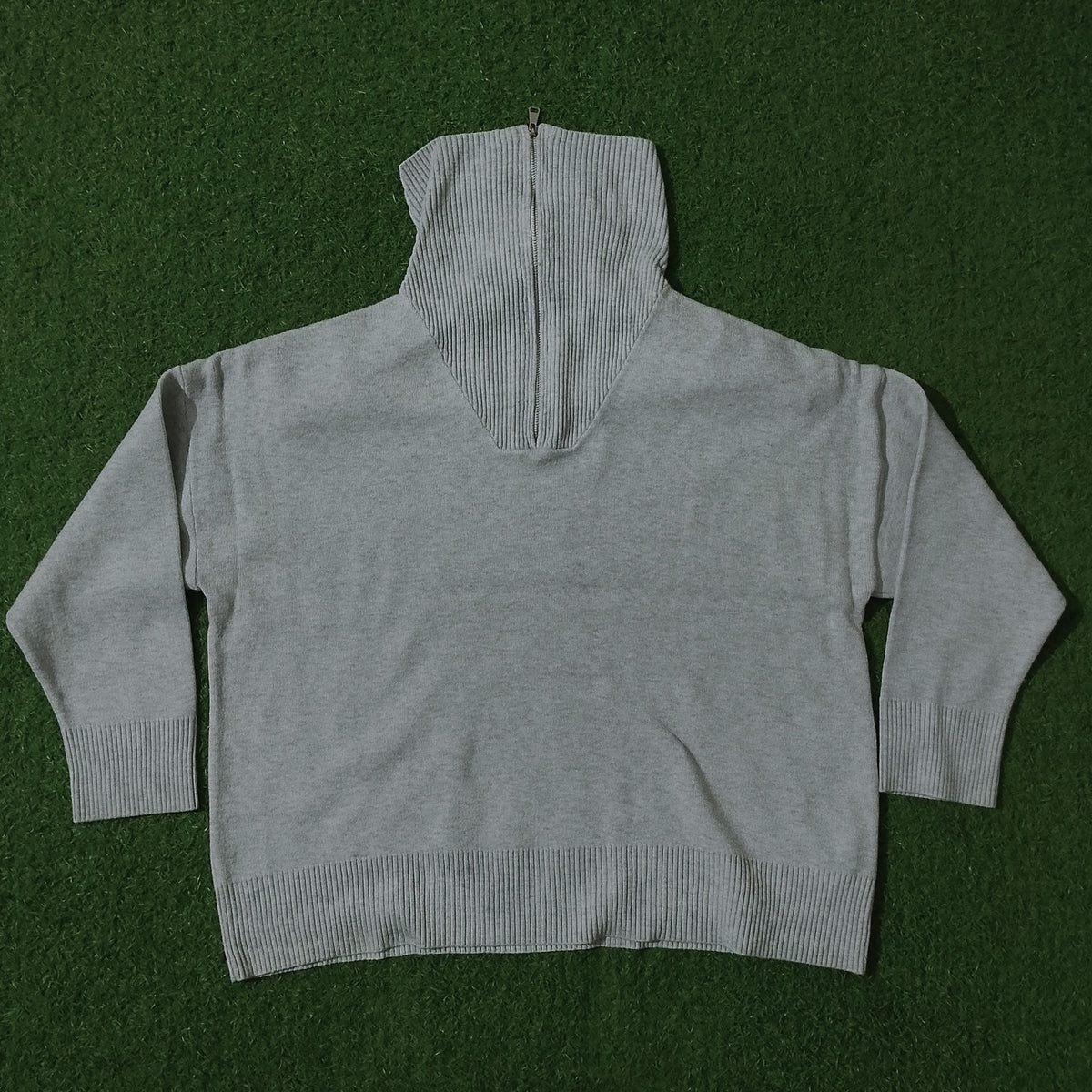 Grey half-zip polo collar knit blouse - back view