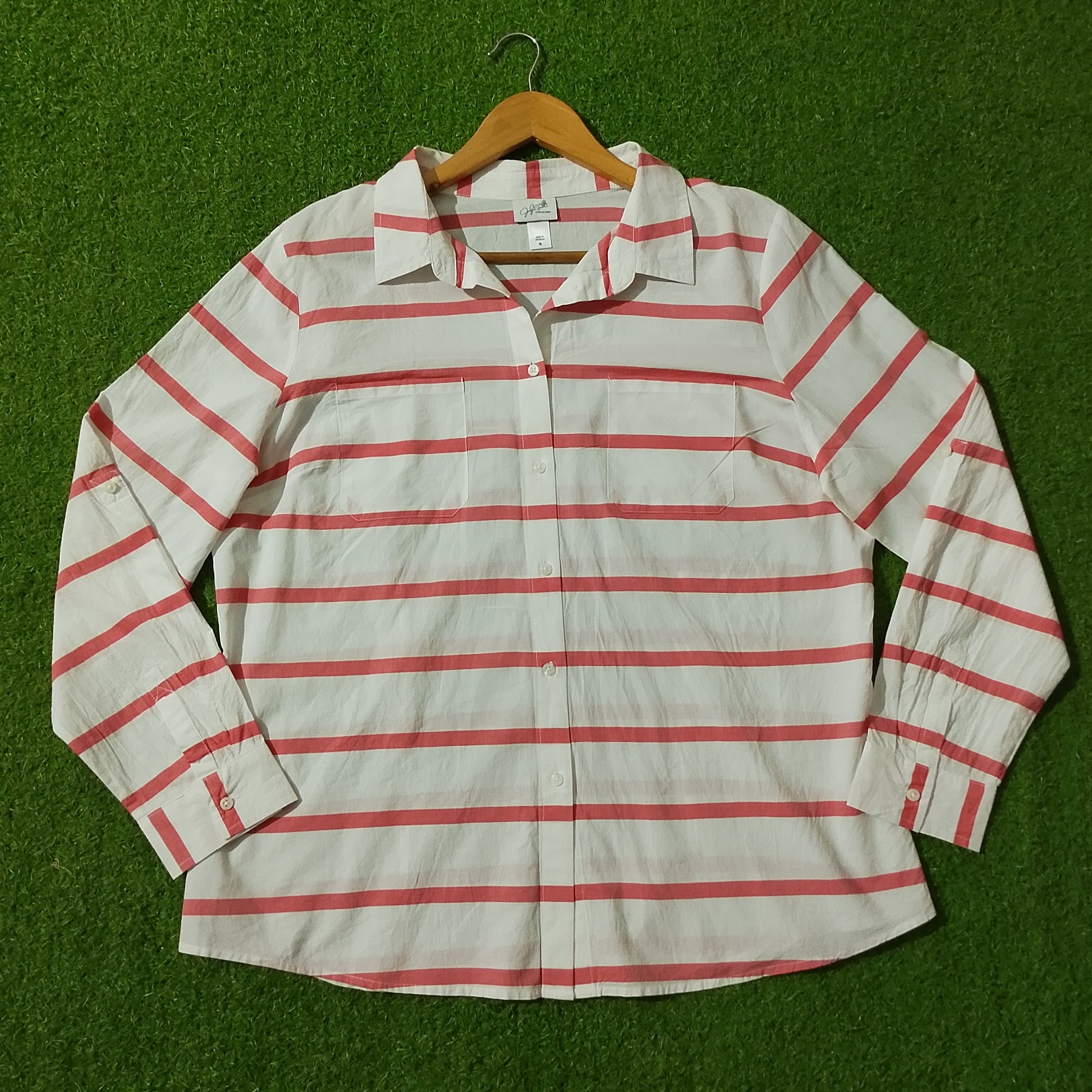 White & Pink Striped Full Sleeve Button-Down Shirt - Front View