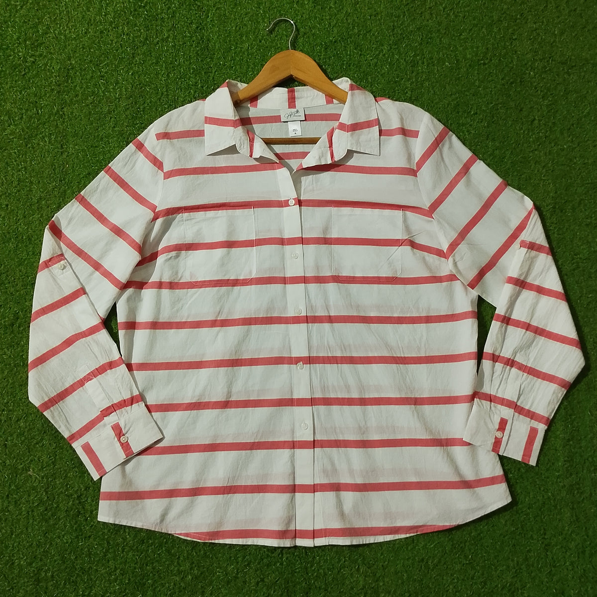 White & Pink Striped Full Sleeve Button-Down Shirt - Front View