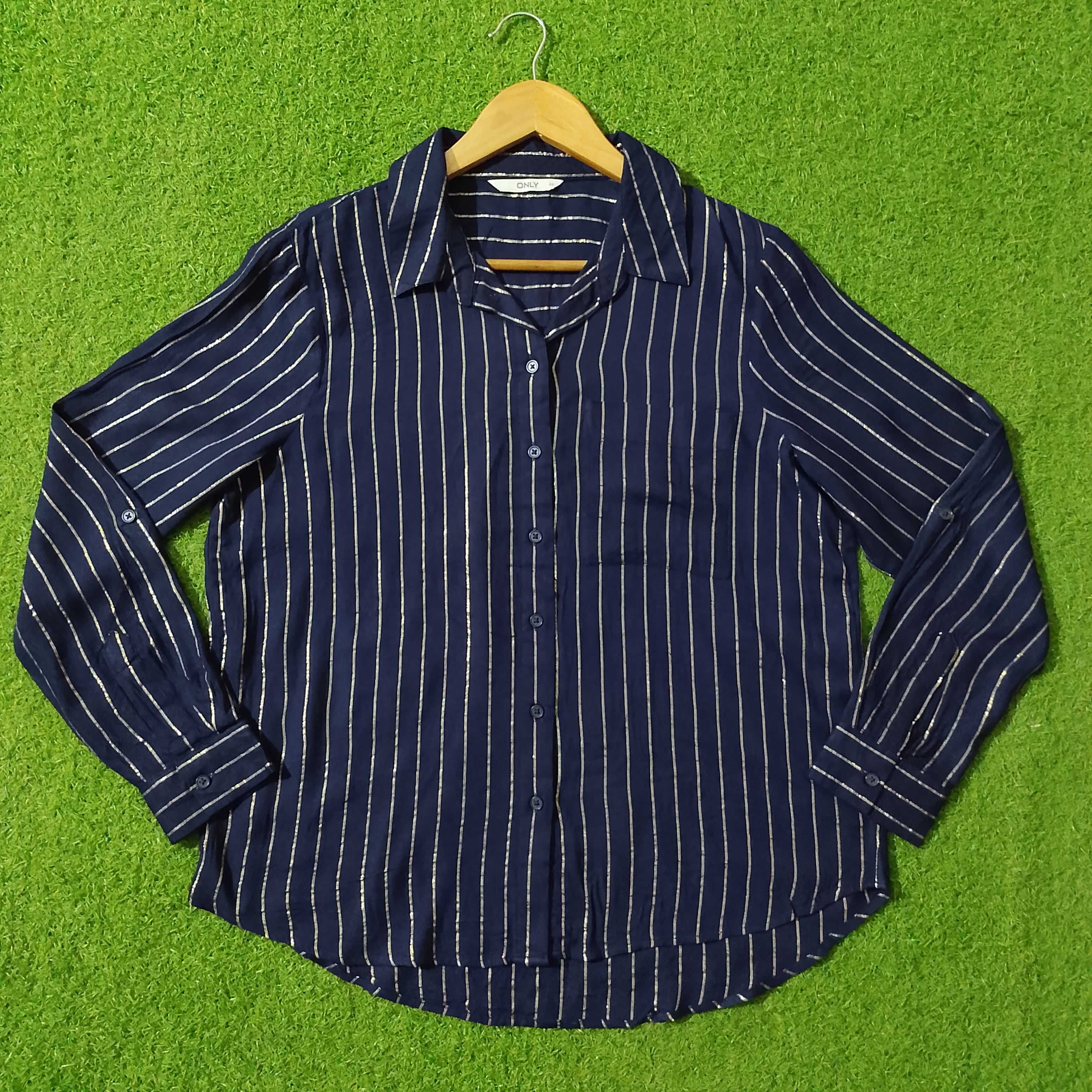 Navy Blue Gold Striped Full Sleeve Shirt - Front View