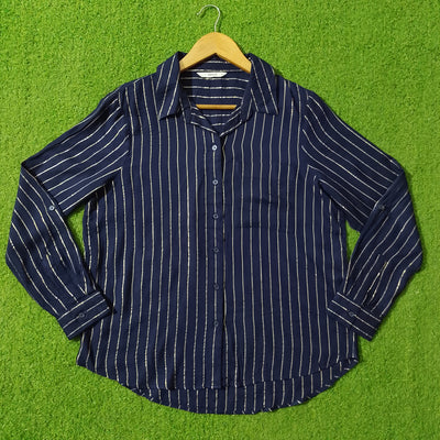 Navy Blue Gold Striped Full Sleeve Shirt - Front View