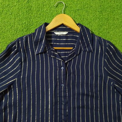 Navy Blue Gold Striped Full Sleeve Shirt - Detail View - alternate view