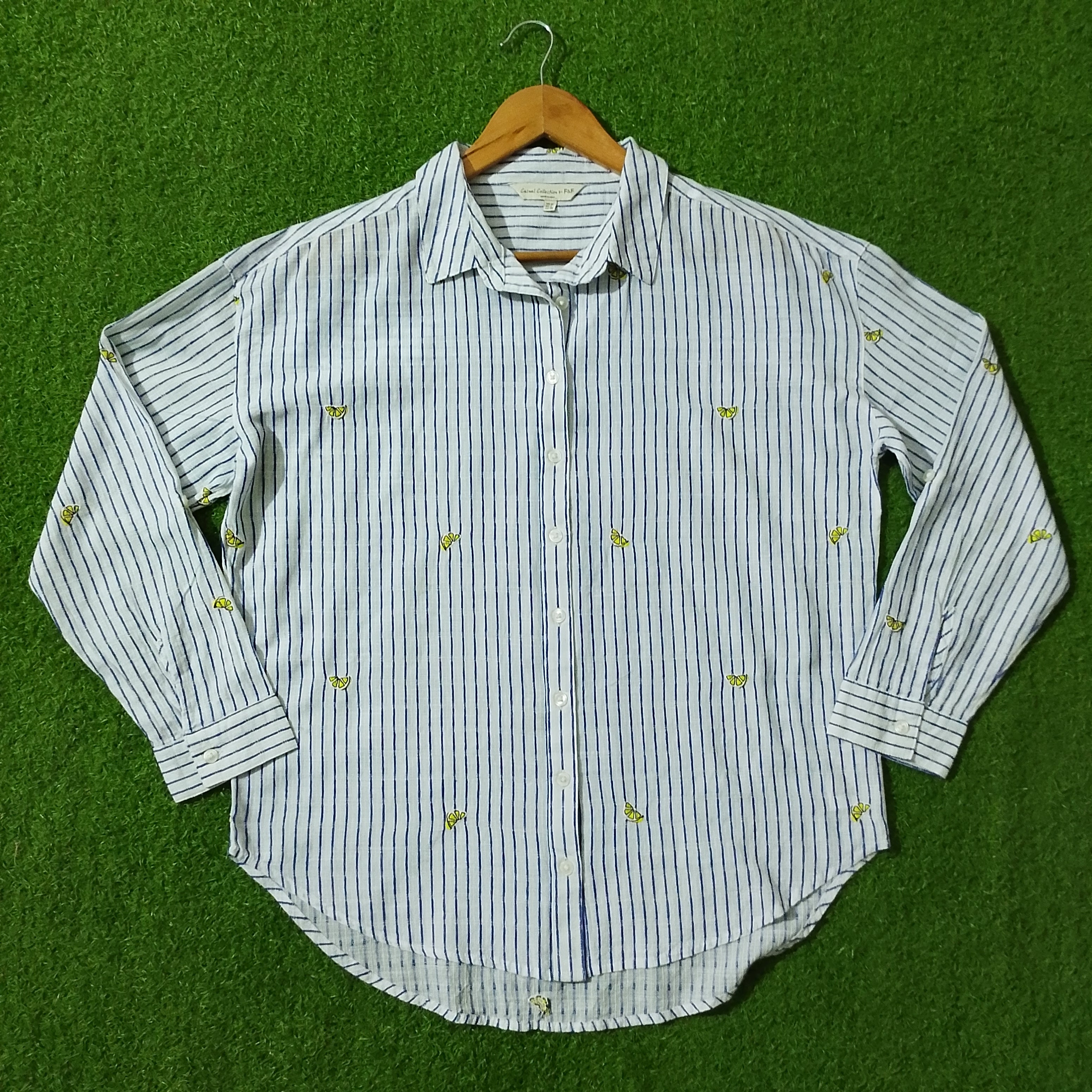 White Blue Striped Lemon Embroidered Drop Shoulder Shirt - Front View