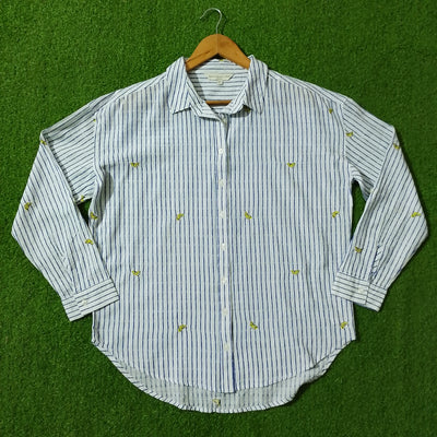 White Blue Striped Lemon Embroidered Drop Shoulder Shirt - Front View