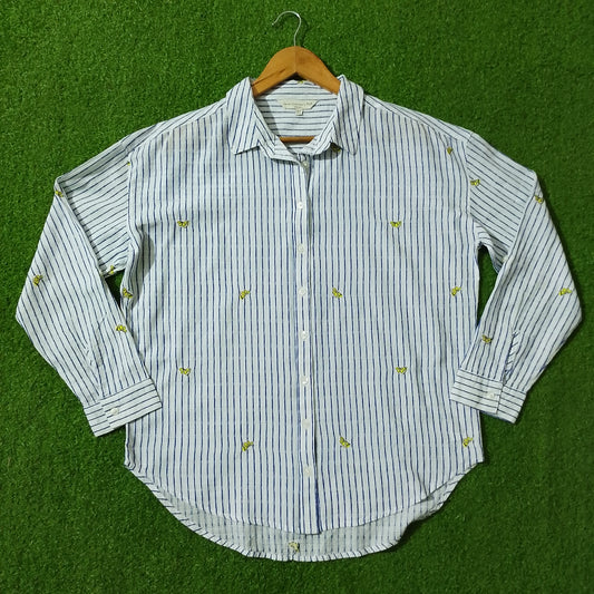 White Blue Striped Lemon Embroidered Drop Shoulder Shirt - Front View