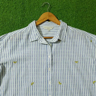 White Blue Striped Lemon Embroidered Drop Shoulder Shirt - Detail View - alternate view