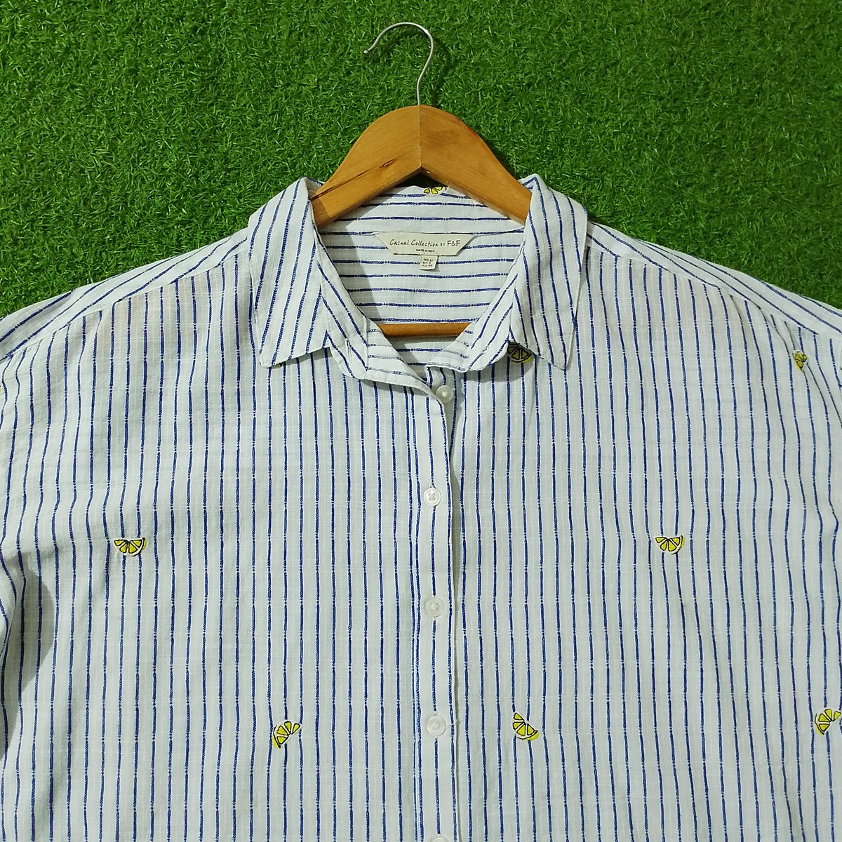 White Blue Striped Lemon Embroidered Drop Shoulder Shirt - Detail View