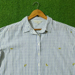 White Blue Striped Lemon Embroidered Drop Shoulder Shirt - Detail View