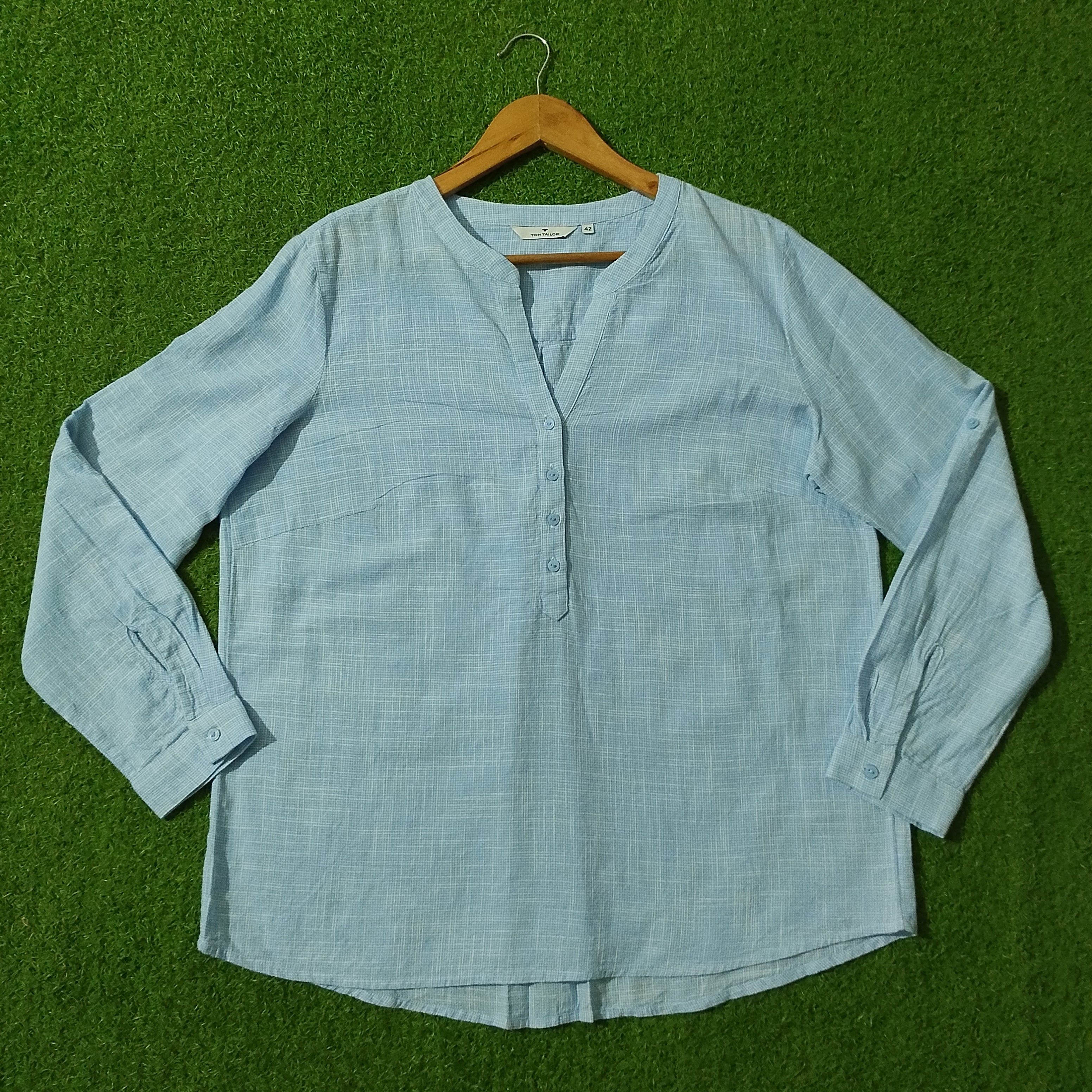 Light Blue Textured V-Neck Half Button Shirt - Front View