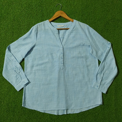 Light Blue Textured V-Neck Half Button Shirt - Front View