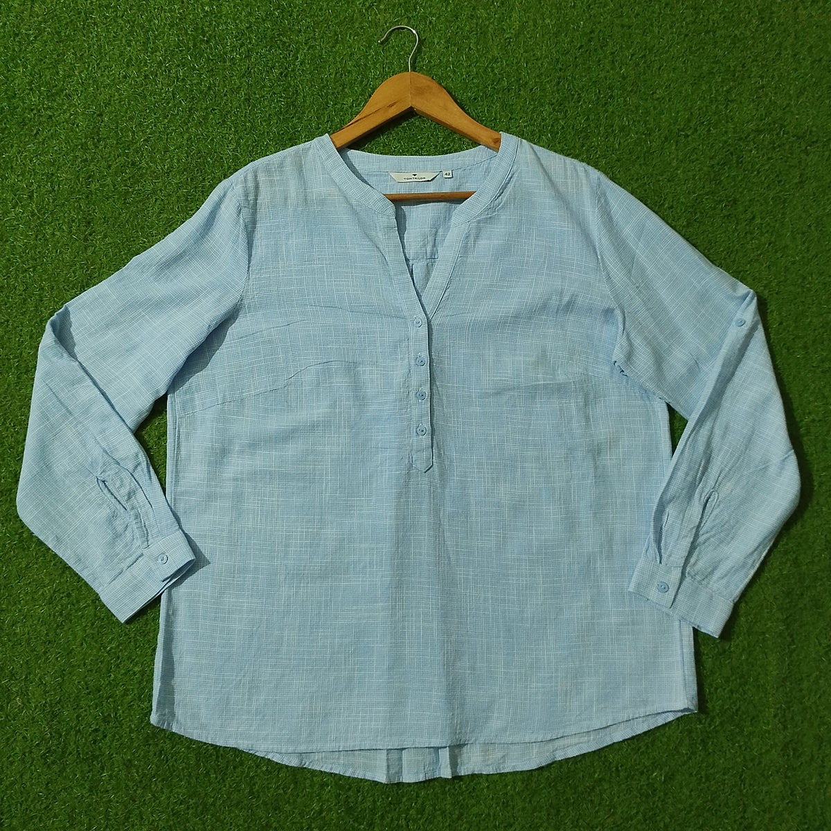 Light Blue Textured V-Neck Half Button Shirt - Front View
