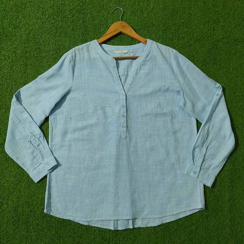 Light Blue Textured V-Neck Half Button Shirt - Front View