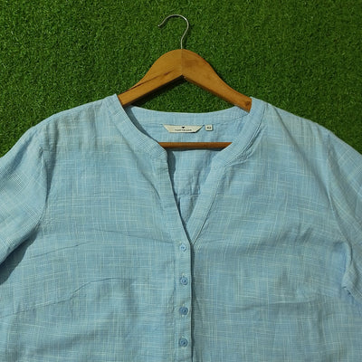 Light Blue Textured V-Neck Half Button Shirt - Detail View - alternate view