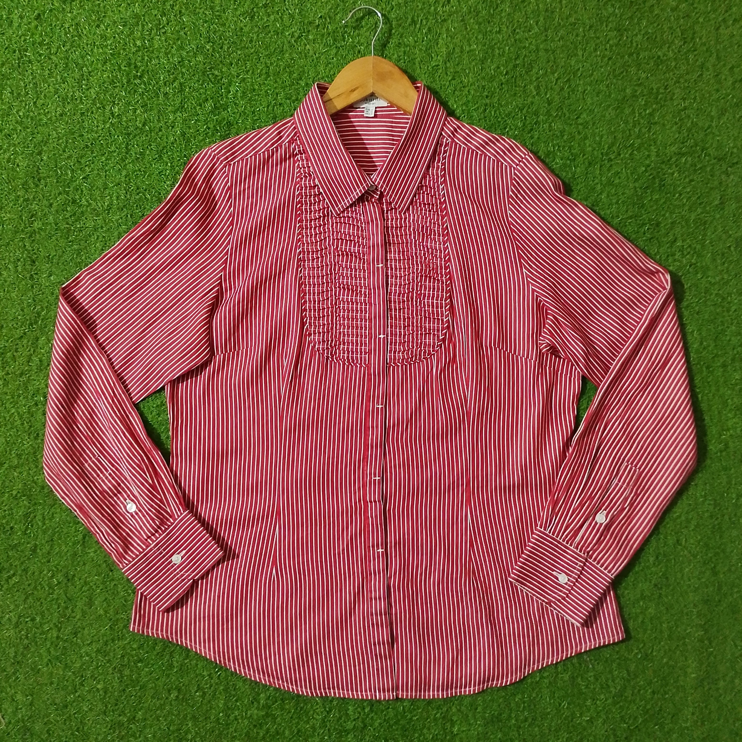Red White Striped Smocked Bib Full Sleeve Shirt - Front View