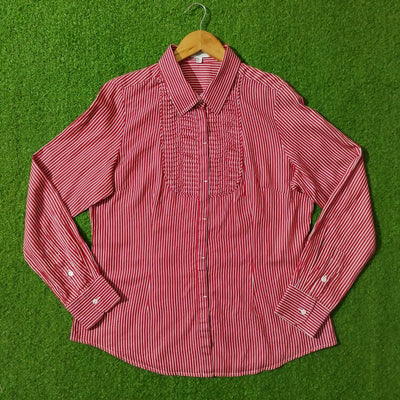 Red White Striped Smocked Bib Full Sleeve Shirt - Front View
