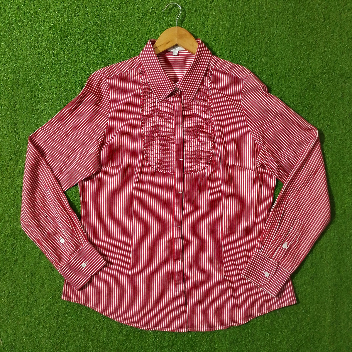 Red White Striped Smocked Bib Full Sleeve Shirt - Front View