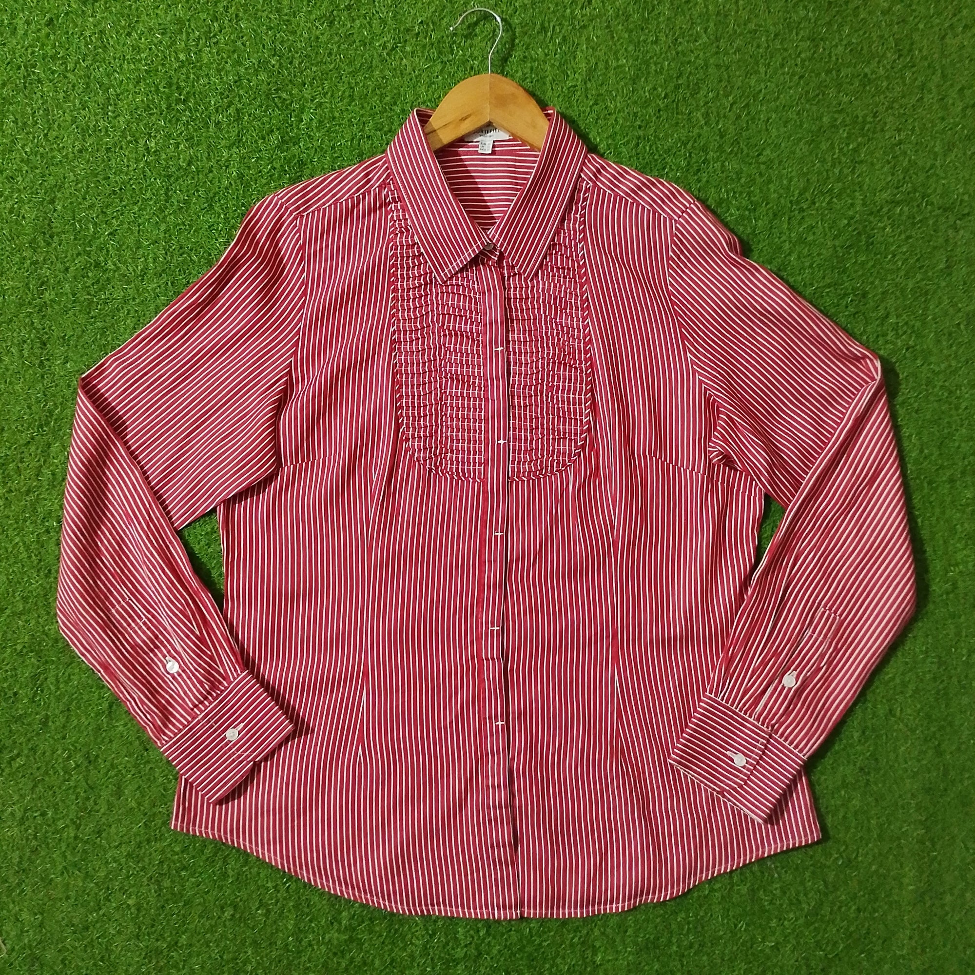 Red White Striped Smocked Bib Full Sleeve Shirt - Front View