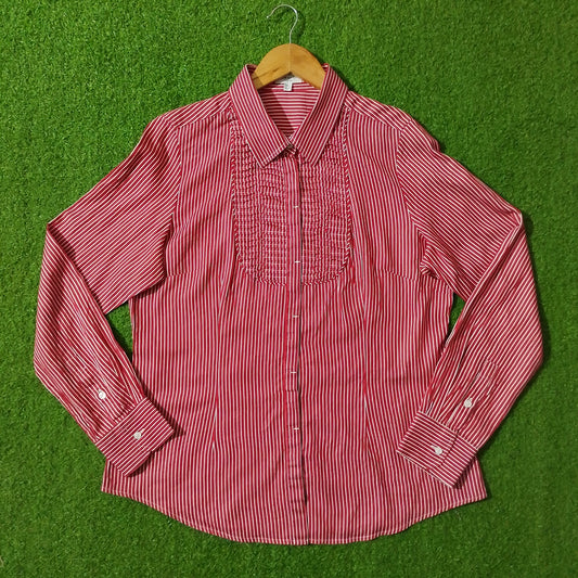 Red White Striped Smocked Bib Full Sleeve Shirt - Front View