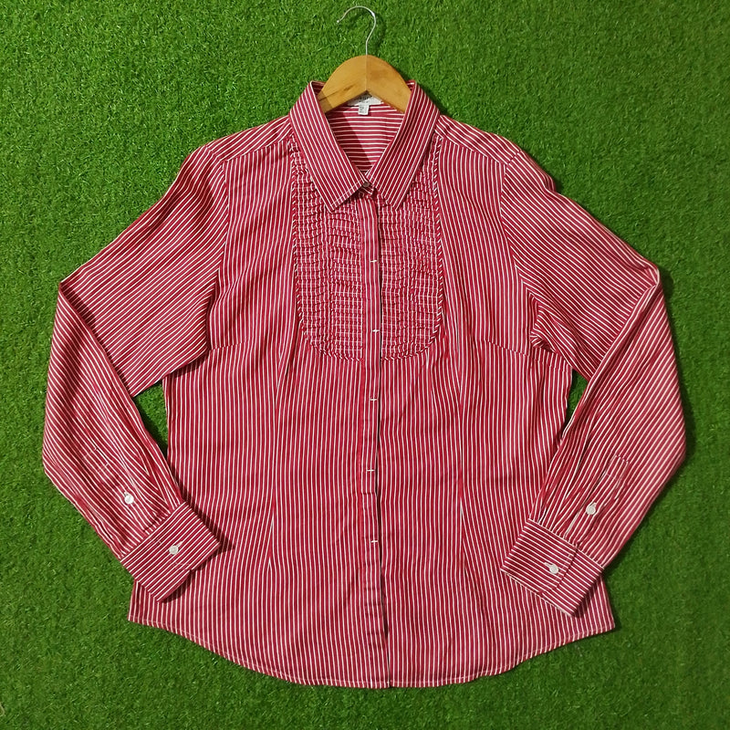 Red White Striped Smocked Bib Full Sleeve Shirt - Front View