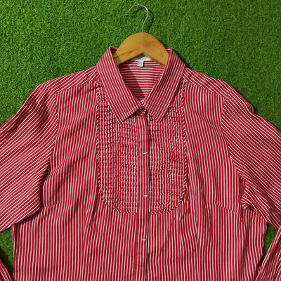 Red White Striped Smocked Bib Full Sleeve Shirt - Detail View - alternate view