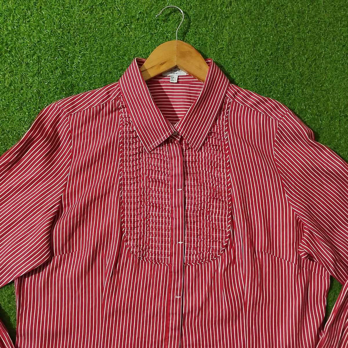 Red White Striped Smocked Bib Full Sleeve Shirt - Detail View