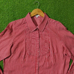 Red White Striped Smocked Bib Full Sleeve Shirt - Detail View