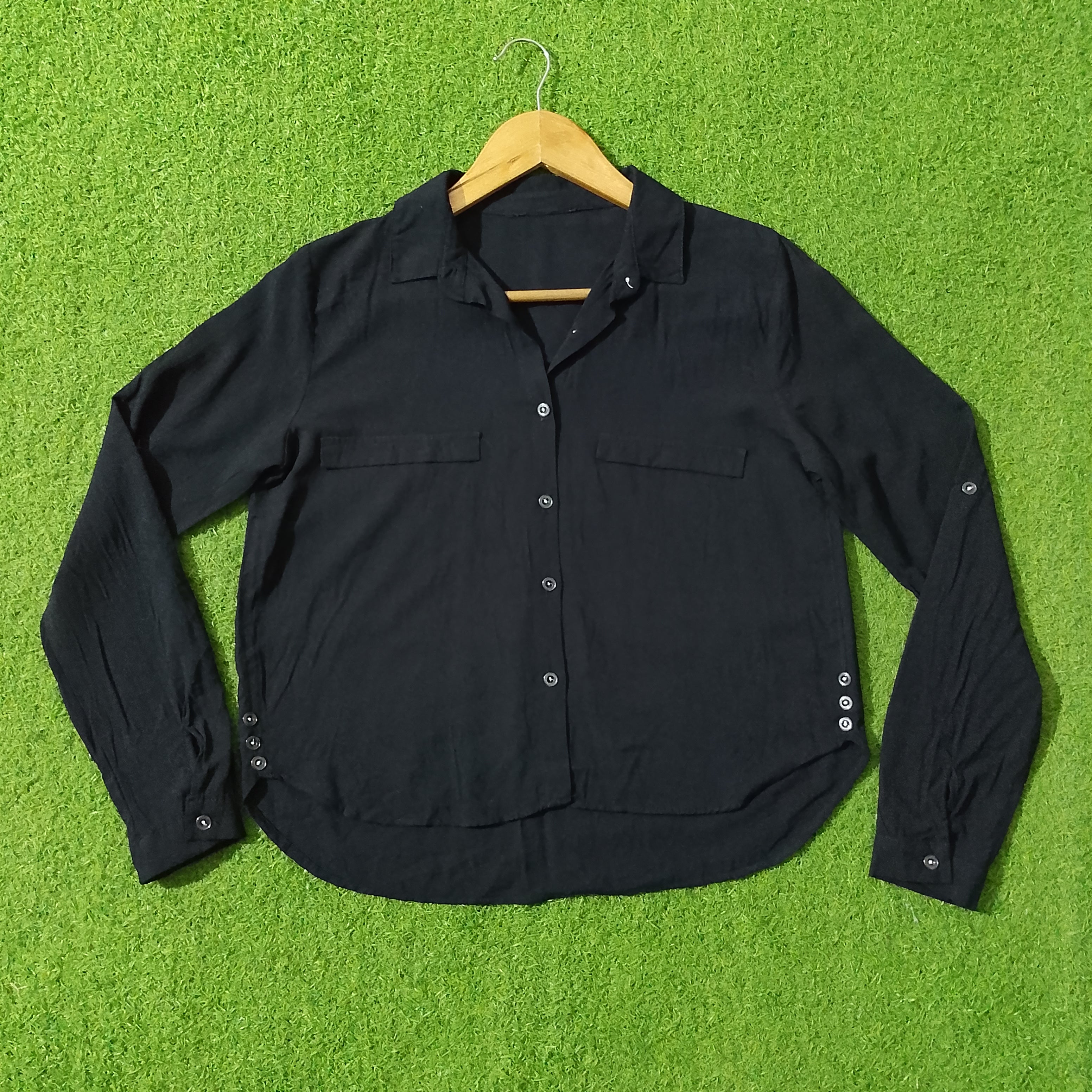 Black Open Collar Dual Pocket Full Sleeve Shirt - Front View